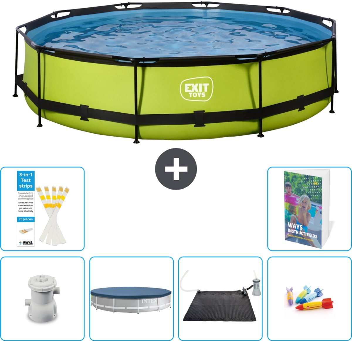EXIT Rond Lime Frame Zwembad - 360 x 76 cm - Inclusief Pomp - Afdekzeil - Solar Mat - Speelgoed - 7-delig