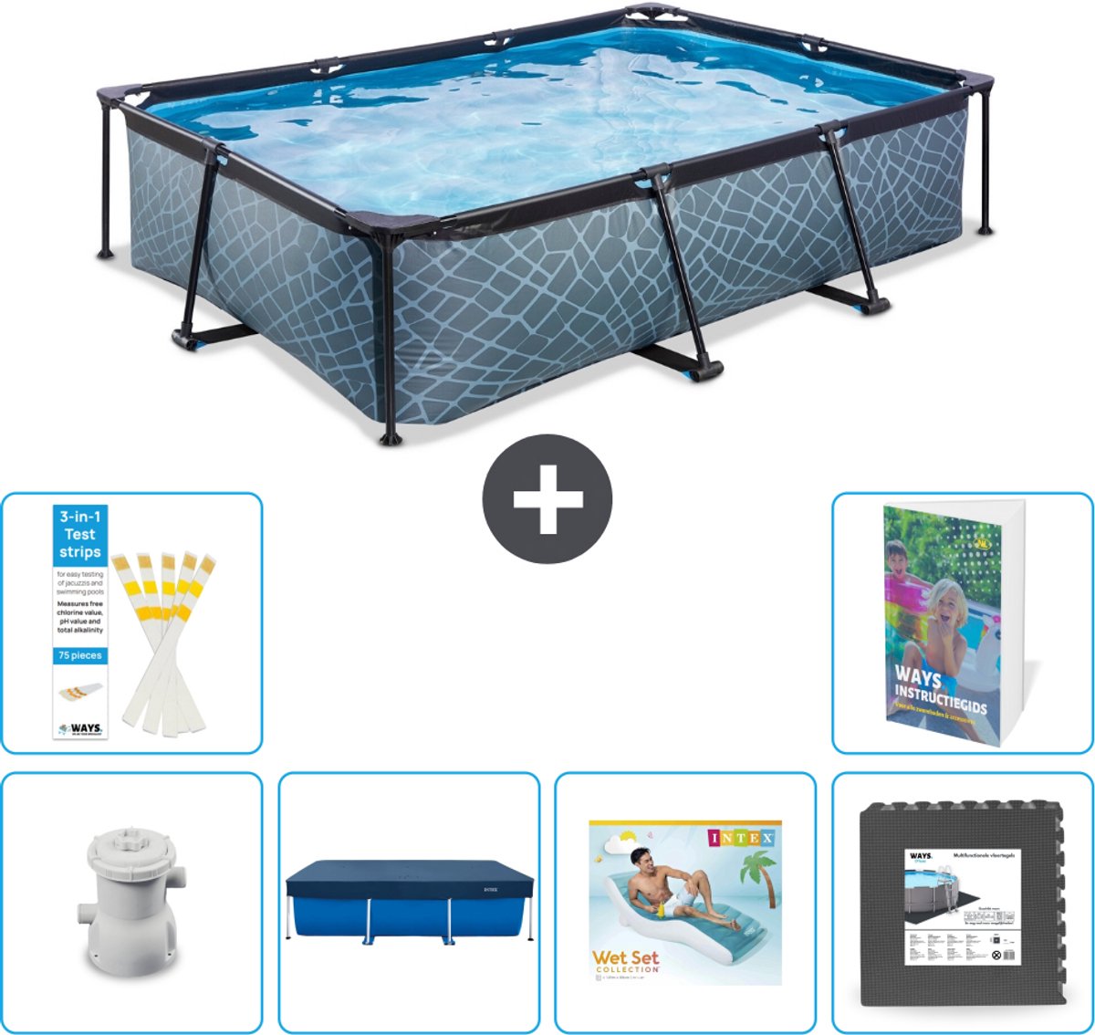 EXIT Rechthoekig Stone Frame Zwembad - 300 x 200 x 65 cm - Inclusief Pomp - Afdekzeil - Loungebed - Vloertegels - 7-delig