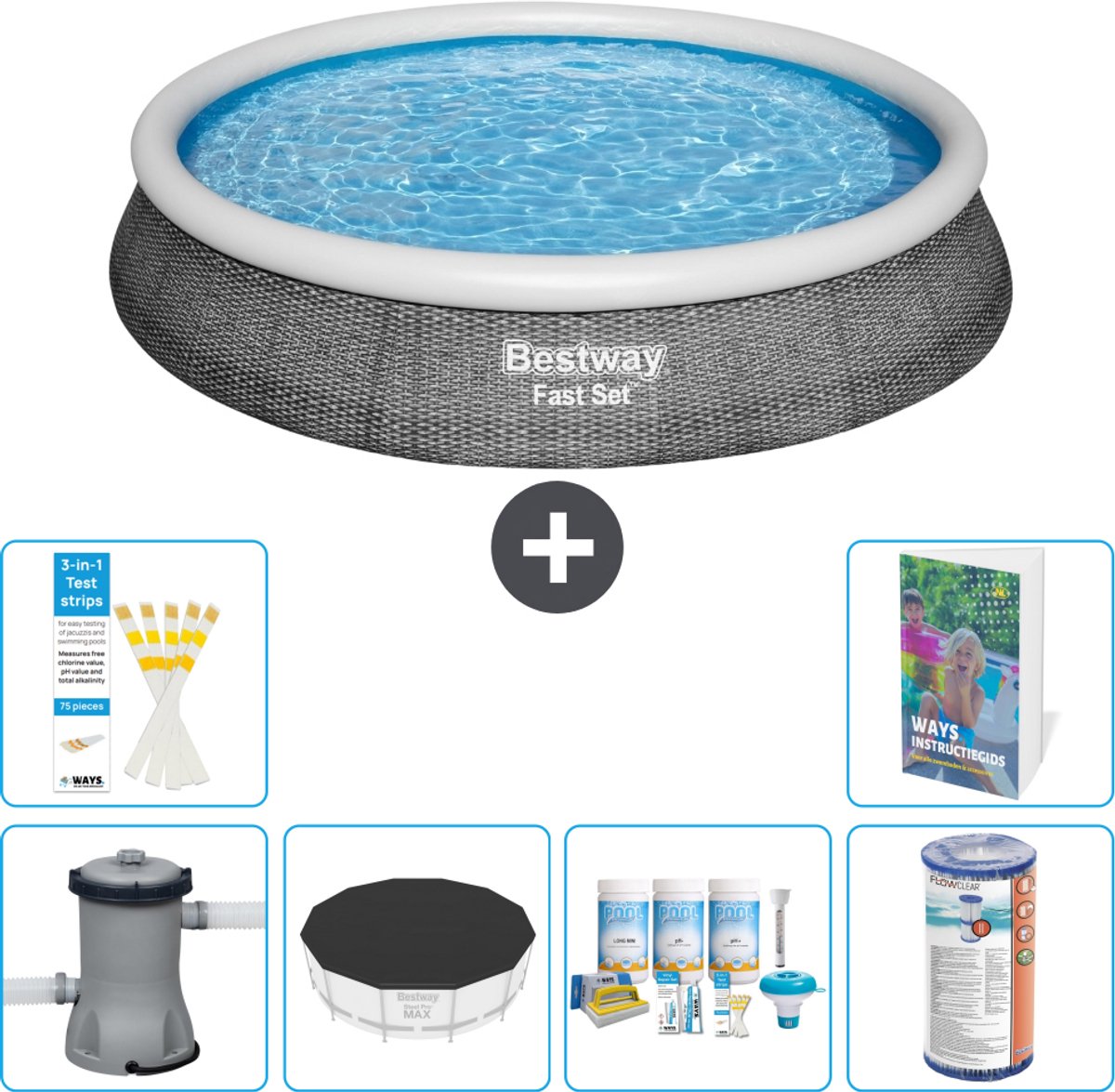 Bestway Rond Opblaasbaar Fast Set Zwembad - Rotanprint - 396 x 84 cm - Inclusief Pomp - Afdekzeil - Onderhoudspakket - Filter - 7-delig