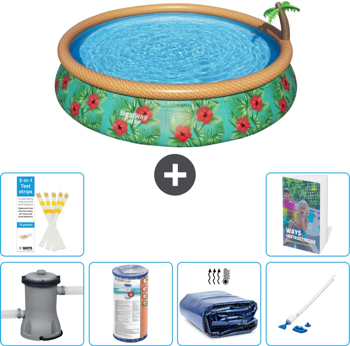 Bestway Rond Opblaasbaar Fast Set Zwembad - Paradijsprint - 457 x 84 cm - Inclusief Pomp - Filter - Solarzeil - Stofzuiger - 7-delig