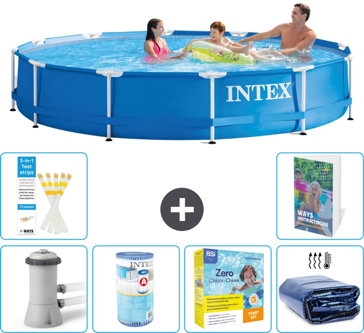 Intex Rond Frame Zwembad - 366 x 76 cm - Blauw - Inclusief Pomp - Filter - Onderhoudspakket - Solarzeil - 7-delig