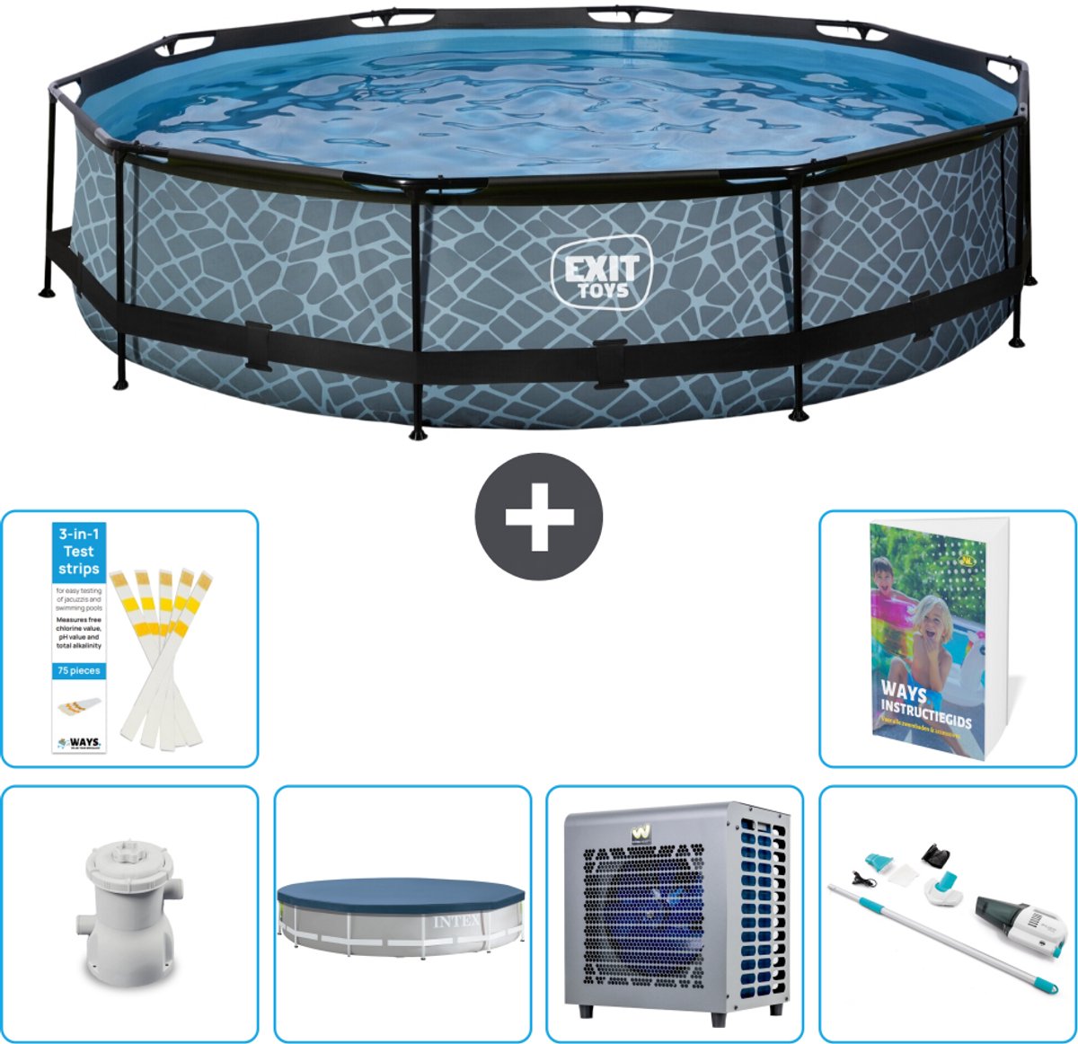 EXIT Rond Stone Frame Zwembad - 360 x 76 cm - Inclusief Pomp - Afdekzeil - Warmtepomp - Stofzuiger - 7-delig