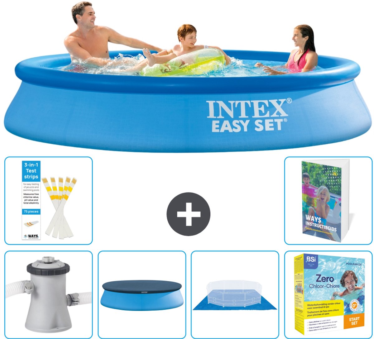Intex Rond Opblaasbaar Easy Set Zwembad - 305 x 61 cm - Blauw - Inclusief Pomp - Afdekzeil - Grondzeil - Onderhoudspakket - 7-delig