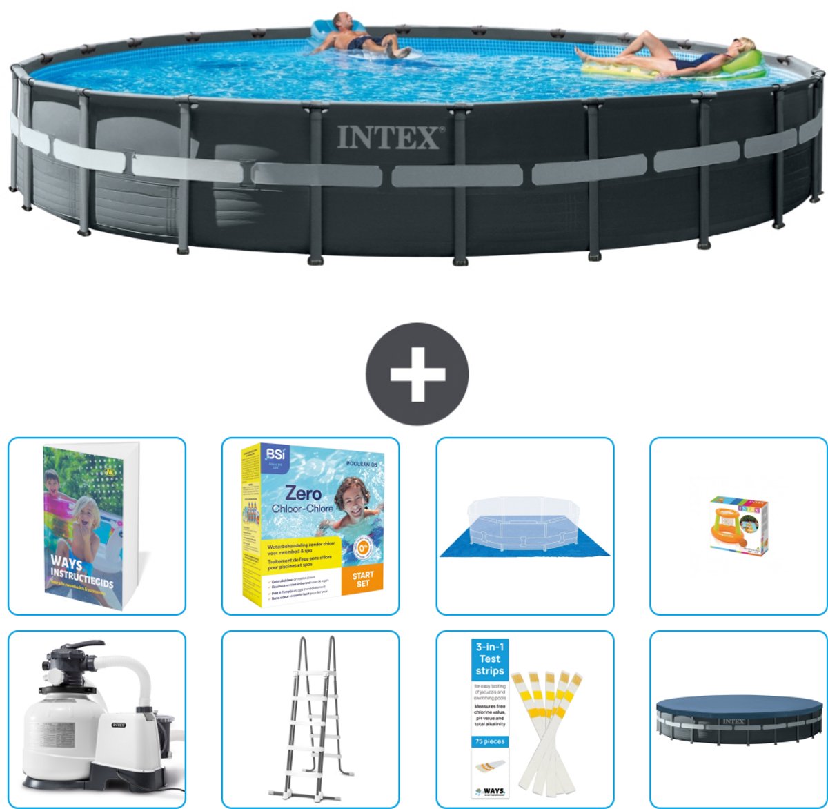 Intex Rond Ultra XTR Frame Zwembad - 732 x 132 cm - Inclusief Pomp - Ladder - Grondzeil - Afdekzeil - Onderhoudspakket - Speelgoed - 9-delig