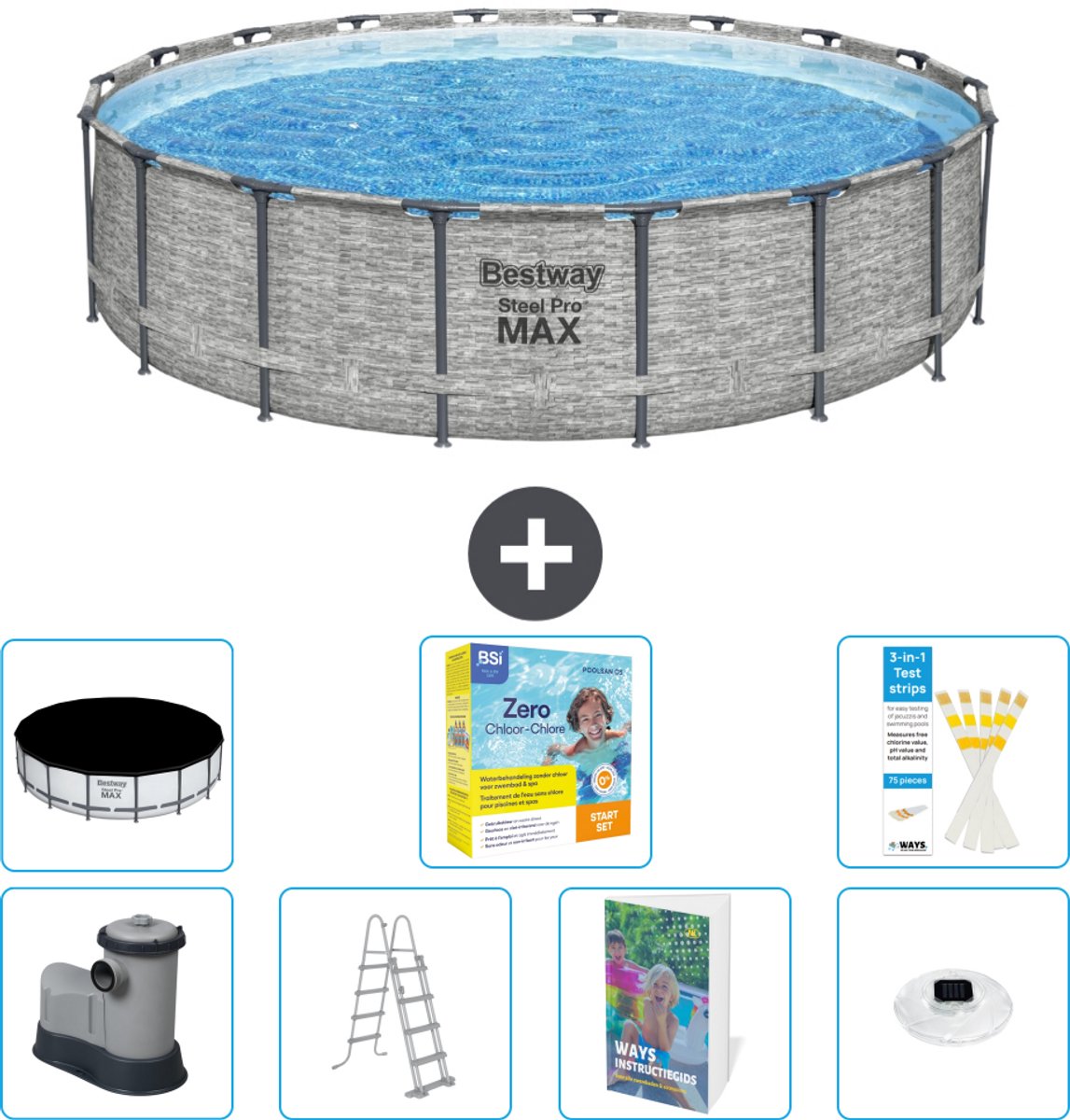 Bestway Rond Steel Pro MAX Zwembad - Steenprint - 549 x 122 - Inclusief Pomp - Ladder - Afdekzeil - Onderhoudspakket - Verlichting - 8-delig