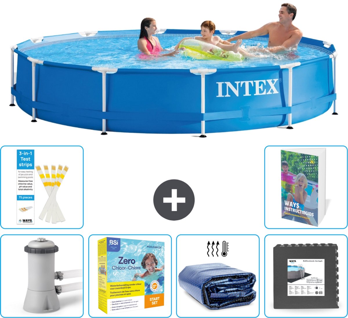 Intex Rond Frame Zwembad - 366 x 76 cm - Blauw - Inclusief Pomp - Onderhoudspakket - Solarzeil - Vloertegels - 7-delig