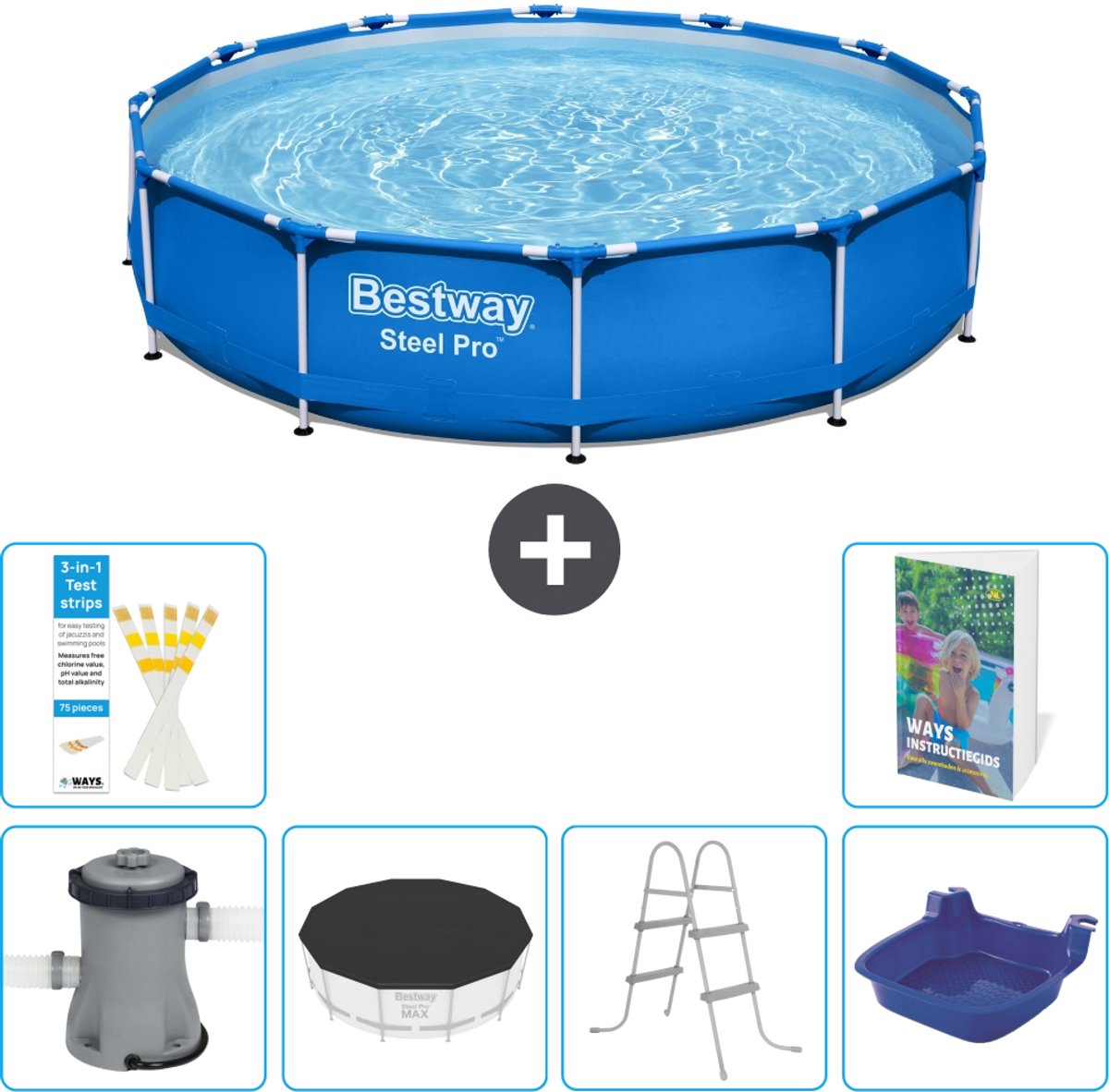 Bestway Rond Steel Pro Zwembad - 366 x 76 cm - Blauw - Inclusief Pomp - Afdekzeil - Ladder - Voetenbad - 7-delig