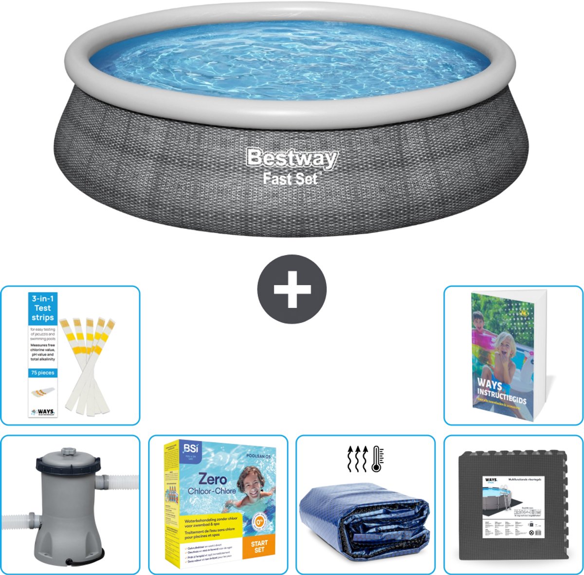 Bestway Rond Opblaasbaar Fast Set Zwembad - Rotanprint - 457 x 84 cm - Inclusief Pomp - Onderhoudspakket - Solarzeil - Vloertegels - 7-delig