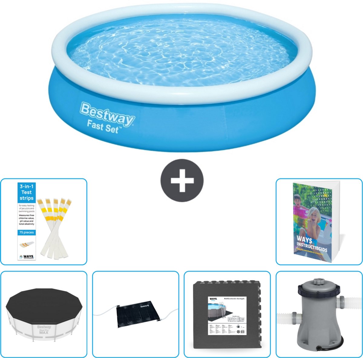 Bestway Rond Opblaasbaar Fast Set Zwembad - 366 x 76 cm - Blauw - Inclusief Afdekzeil - Solar Mat - Vloertegels - Zwembadfilterpomp - 7-delig