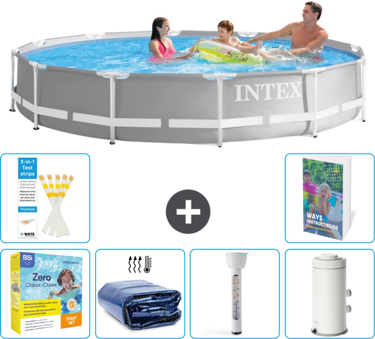 Intex Rond Prism Frame Zwembad – 366 x 76 cm – Grijs – Inclusief Onderhoudspakket – Solarzeil – Thermometer – Zwembadfilterpomp – 7-delig