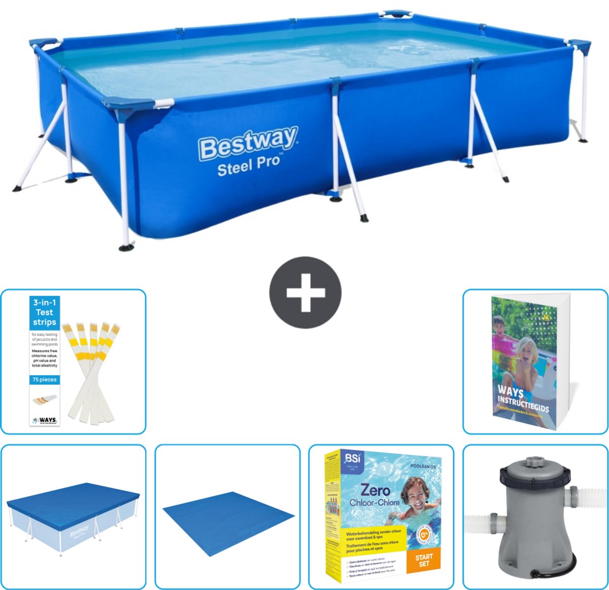 Bestway Rechthoekig Steel Pro Zwembad - 300 x 201 x 66 cm - Blauw - Inclusief Afdekzeil - Grondzeil - Onderhoudspakket - Zwembadfilterpomp - 7-delig
