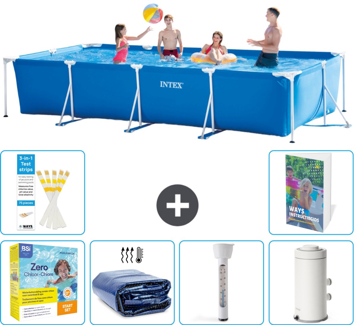 Intex Rechthoekig Frame Zwembad - 450 x 220 x 84 cm - Blauw - Inclusief Onderhoudspakket - Solarzeil - Thermometer - Zwembadfilterpomp - 7-delig