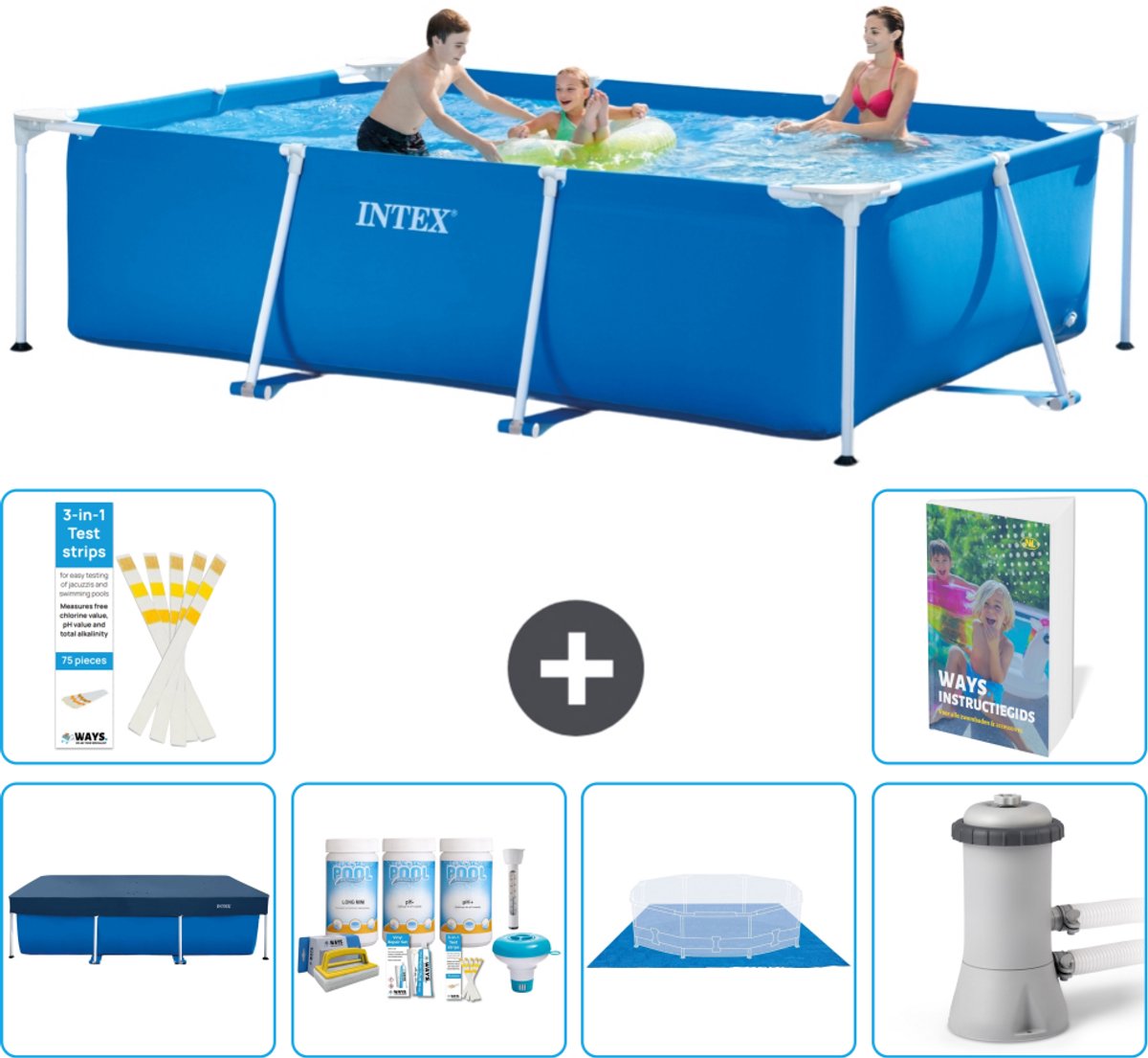 Intex Rechthoekig Frame Zwembad - 300 x 200 x 75 cm - Blauw - Inclusief Afdekzeil - Onderhoudspakket - Grondzeil - Zwembadfilterpomp - 7-delig