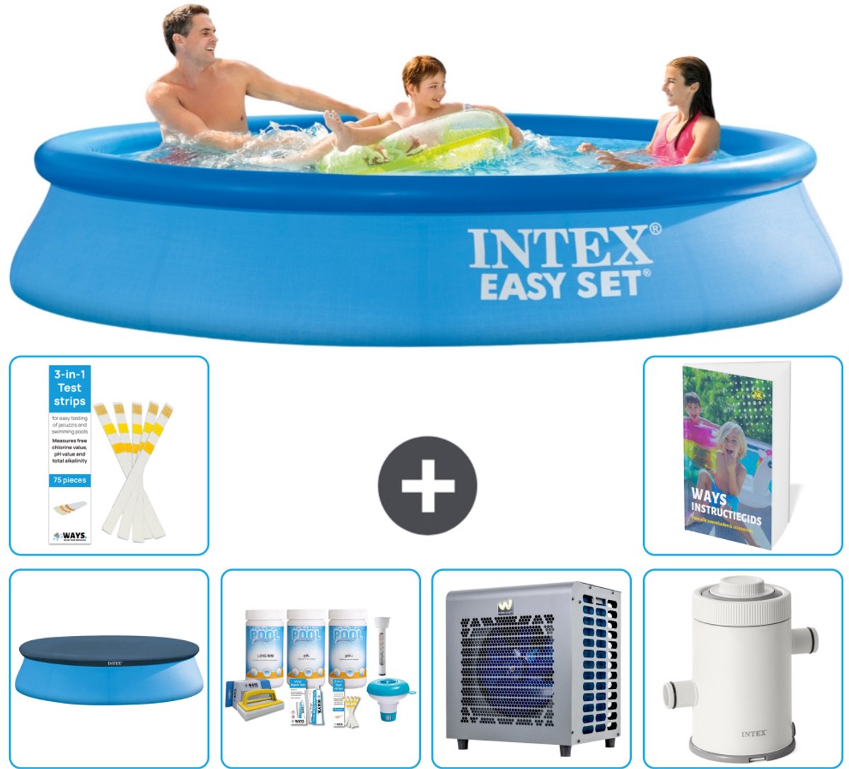 Intex Rond Opblaasbaar Easy Set Zwembad - 305 x 61 cm - Blauw - Inclusief Afdekzeil - Onderhoudspakket - Warmtepomp - Zwembadfilterpomp - 7-delig