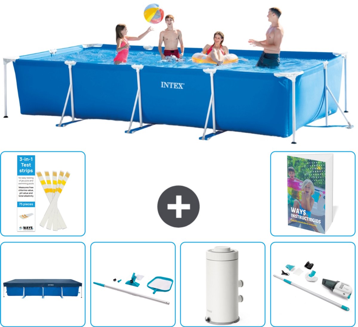 Intex Rechthoekig Frame Zwembad - 450 x 220 x 84 cm - Blauw - Inclusief Afdekzeil - Schoonmaakset - Zwembadfilterpomp - Stofzuiger - 7-delig