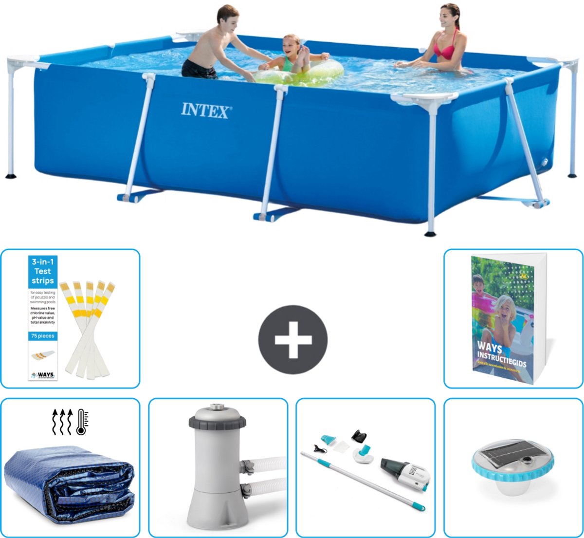 Intex Rechthoekig Frame Zwembad - 300 x 200 x 75 cm - Blauw - Inclusief Solarzeil - Zwembadfilterpomp - Stofzuiger - Verlichting - 7-delig
