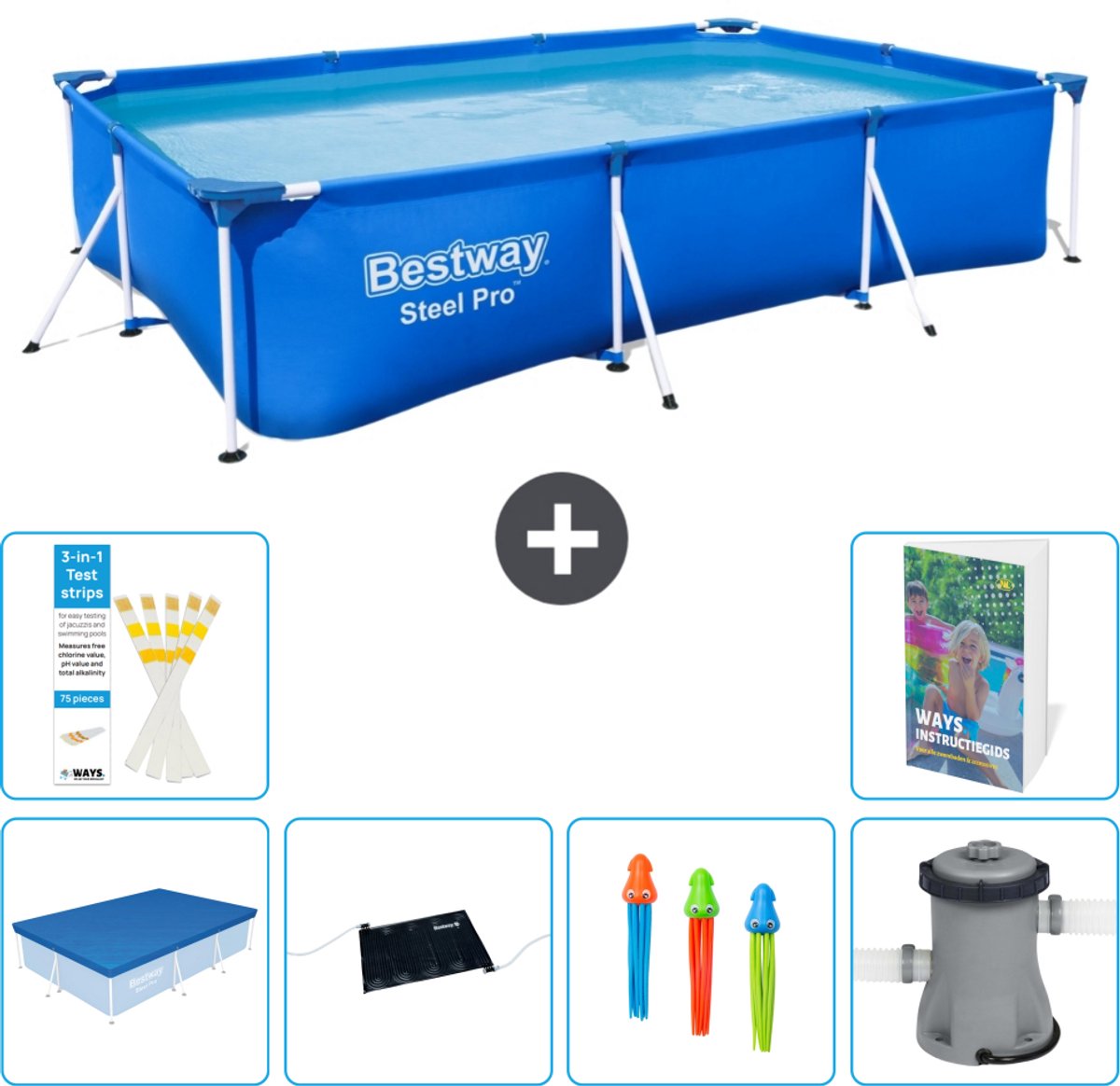 Bestway Rechthoekig Steel Pro Zwembad - 300 x 201 x 66 cm - Blauw - Inclusief Afdekzeil - Solar Mat - Speelgoed - Zwembadfilterpomp - 7-delig