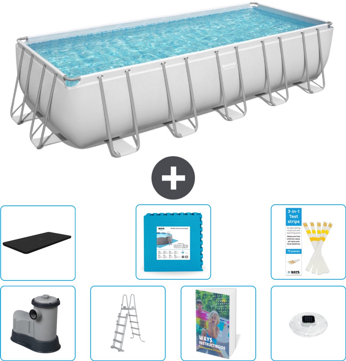 Bestway Rechthoekig Power Steel Zwembad - 640 x 274 x 132 - Grijs - Inclusief Pomp - Ladder - Afdekzeil - Vloertegels - Verlichting - 8-delig
