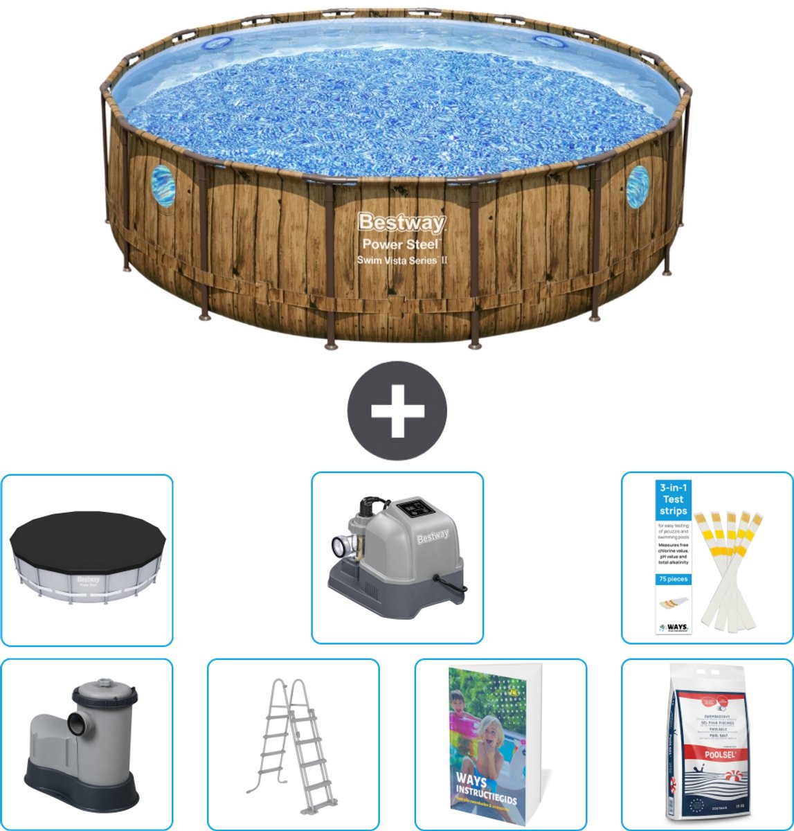 Bestway Rond Power Steel Swim Vista Zwembad - Houtprint - 488 x 122 - Inclusief Pomp - Ladder - Afdekzeil - Zoutwatersysteem - Zwembadzout - 8-delig