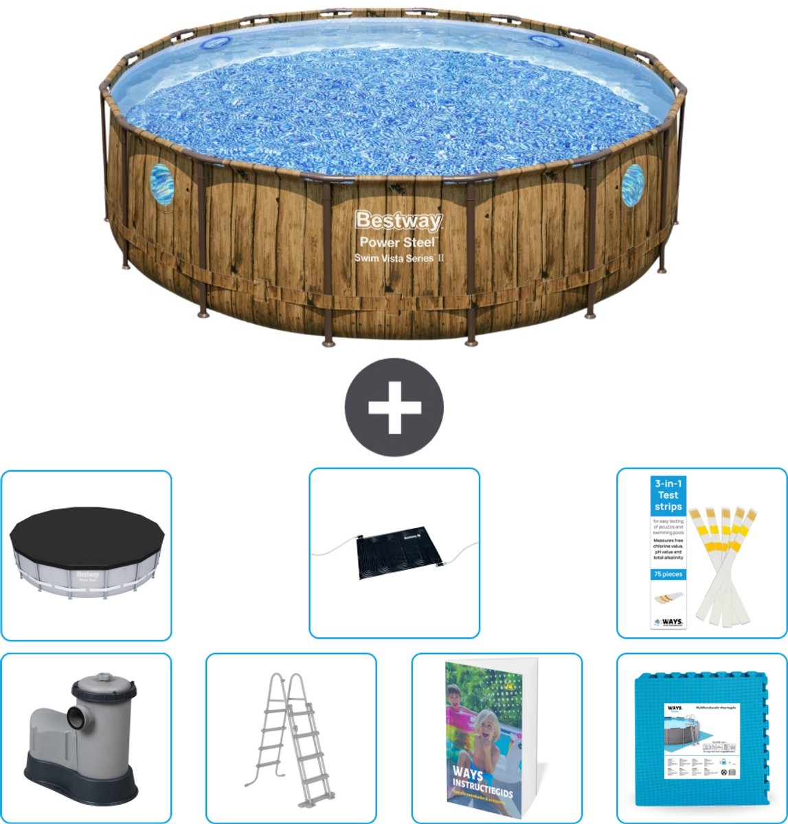 Bestway Rond Power Steel Swim Vista Zwembad - Houtprint - 488 x 122 - Inclusief Pomp - Ladder - Afdekzeil - Solar Mat - Vloertegels - 8-delig