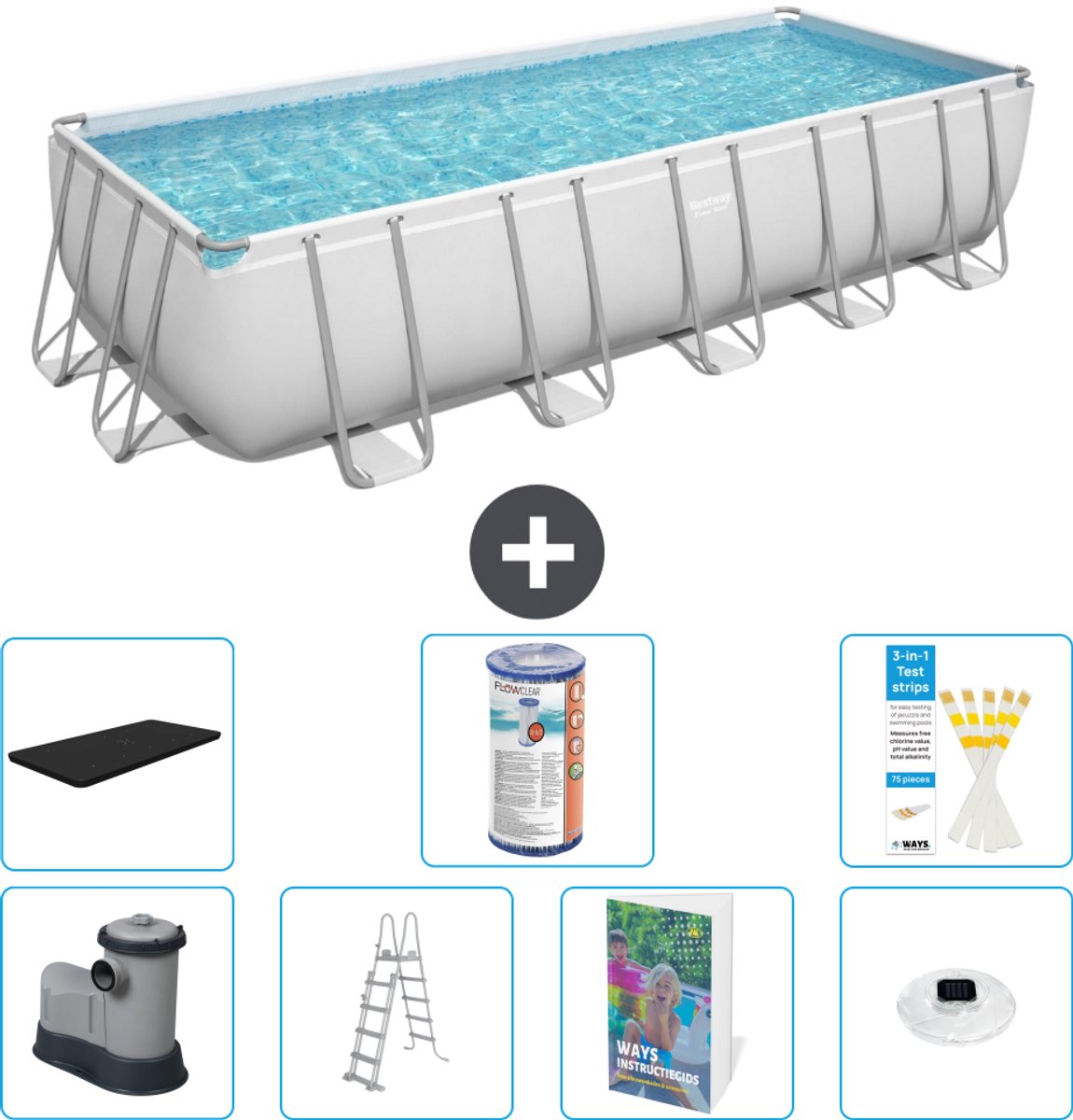Bestway Rechthoekig Power Steel Zwembad - 640 x 274 x 132 - Grijs - Inclusief Pomp - Ladder - Afdekzeil - Filter - Verlichting - 8-delig