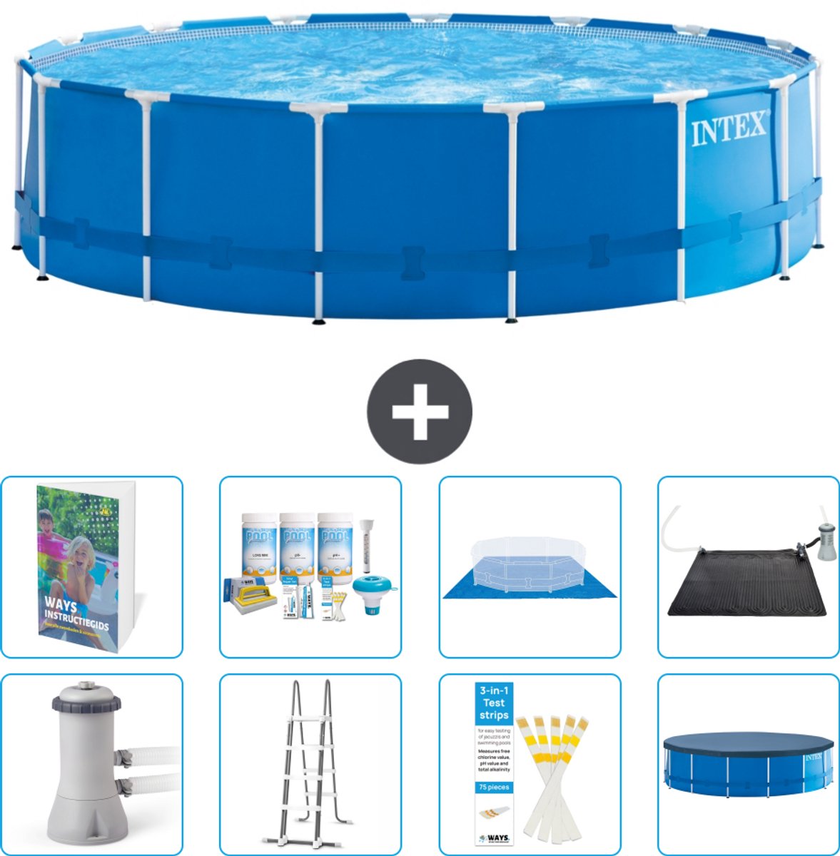 Intex Rond Frame Zwembad - 457 x 122 cm - Blauw - Inclusief Pomp - Ladder - Grondzeil - Afdekzeil - Onderhoudspakket - Solar Mat - 9-delig