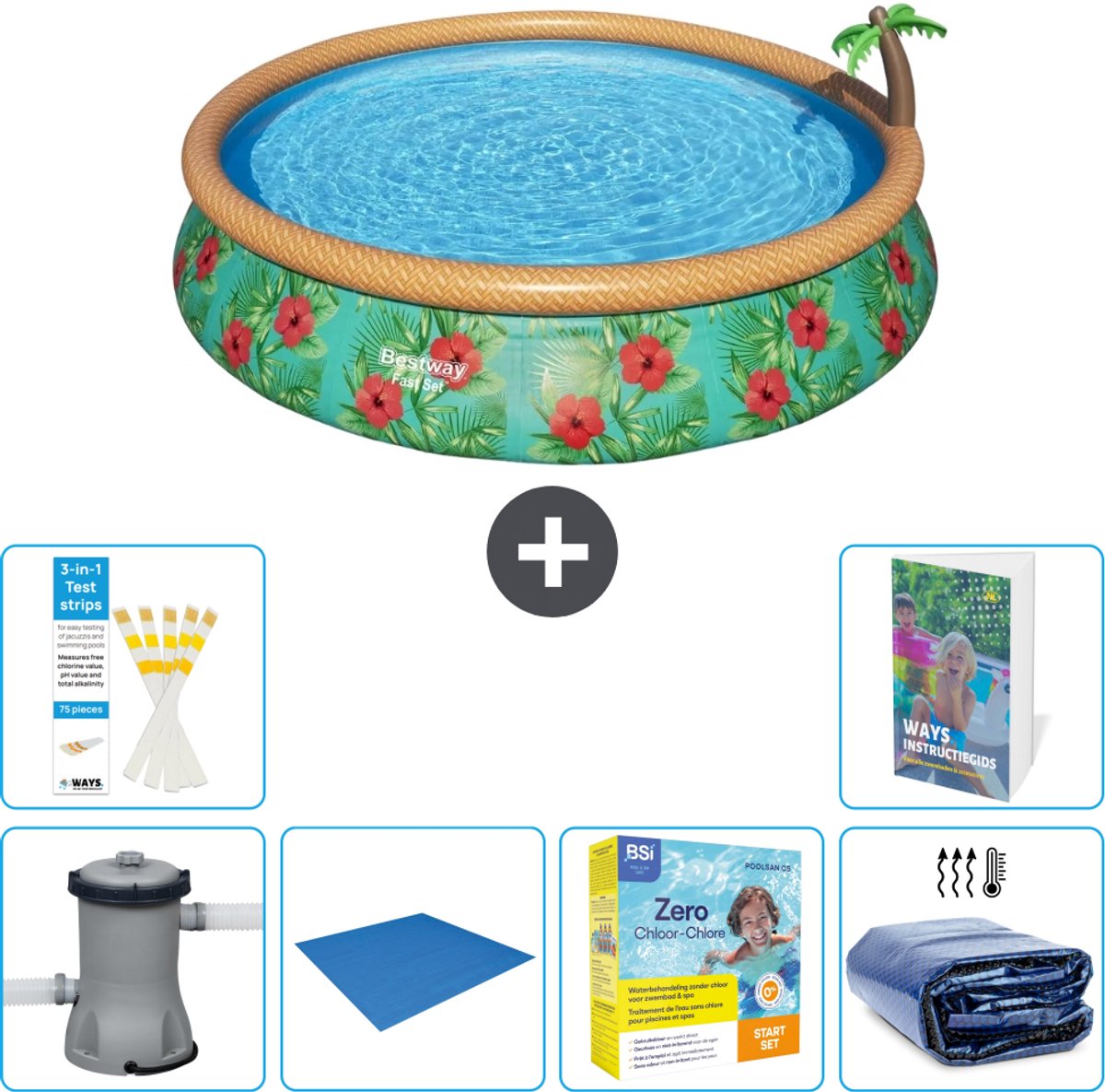 Bestway Rond Opblaasbaar Fast Set Zwembad - Paradijsprint - 457 x 84 cm - Inclusief Pomp - Grondzeil - Onderhoudspakket - Solarzeil - 7-delig