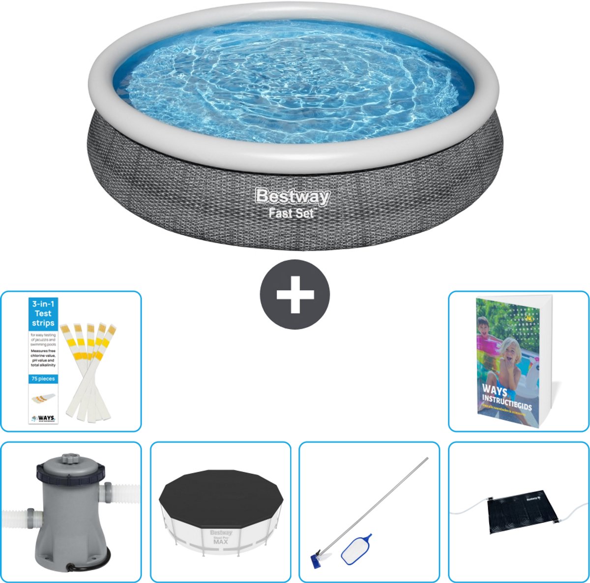 Bestway Rond Opblaasbaar Fast Set Zwembad - Rotanprint - 366 x 76 cm - Inclusief Pomp - Afdekzeil - Schoonmaakset - Solar Mat - 7-delig