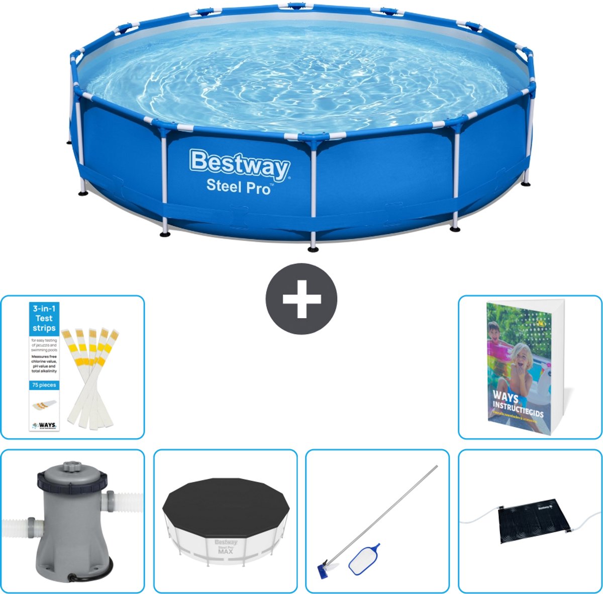 Bestway Rond Steel Pro Zwembad - 366 x 76 cm - Blauw - Inclusief Pomp - Afdekzeil - Schoonmaakset - Solar Mat - 7-delig