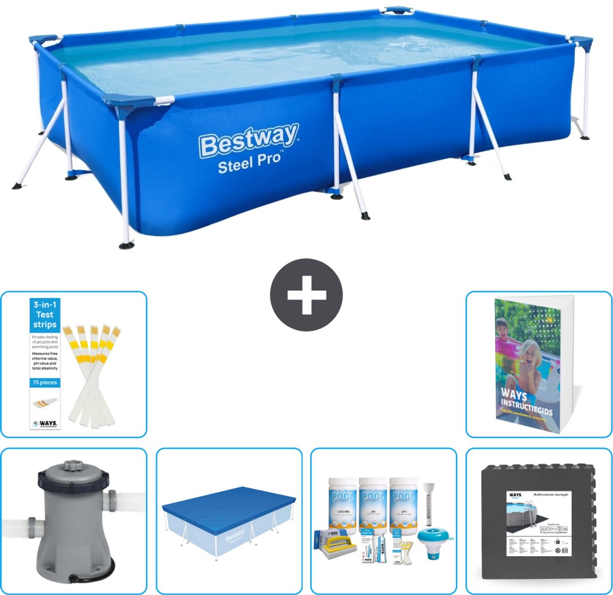 Bestway Rechthoekig Steel Pro Zwembad - 300 x 201 x 66 cm - Blauw - Inclusief Pomp - Afdekzeil - Onderhoudspakket - Vloertegels - 7-delig
