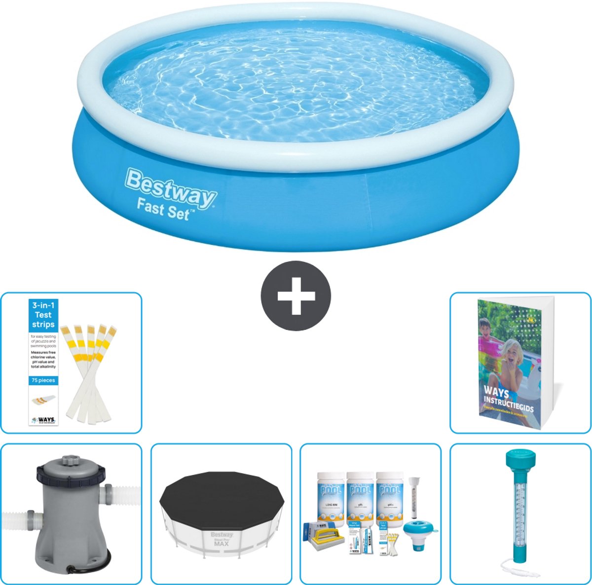 Bestway Rond Opblaasbaar Fast Set Zwembad - 366 x 76 cm - Blauw - Inclusief Pomp - Afdekzeil - Onderhoudspakket - Thermometer - 7-delig