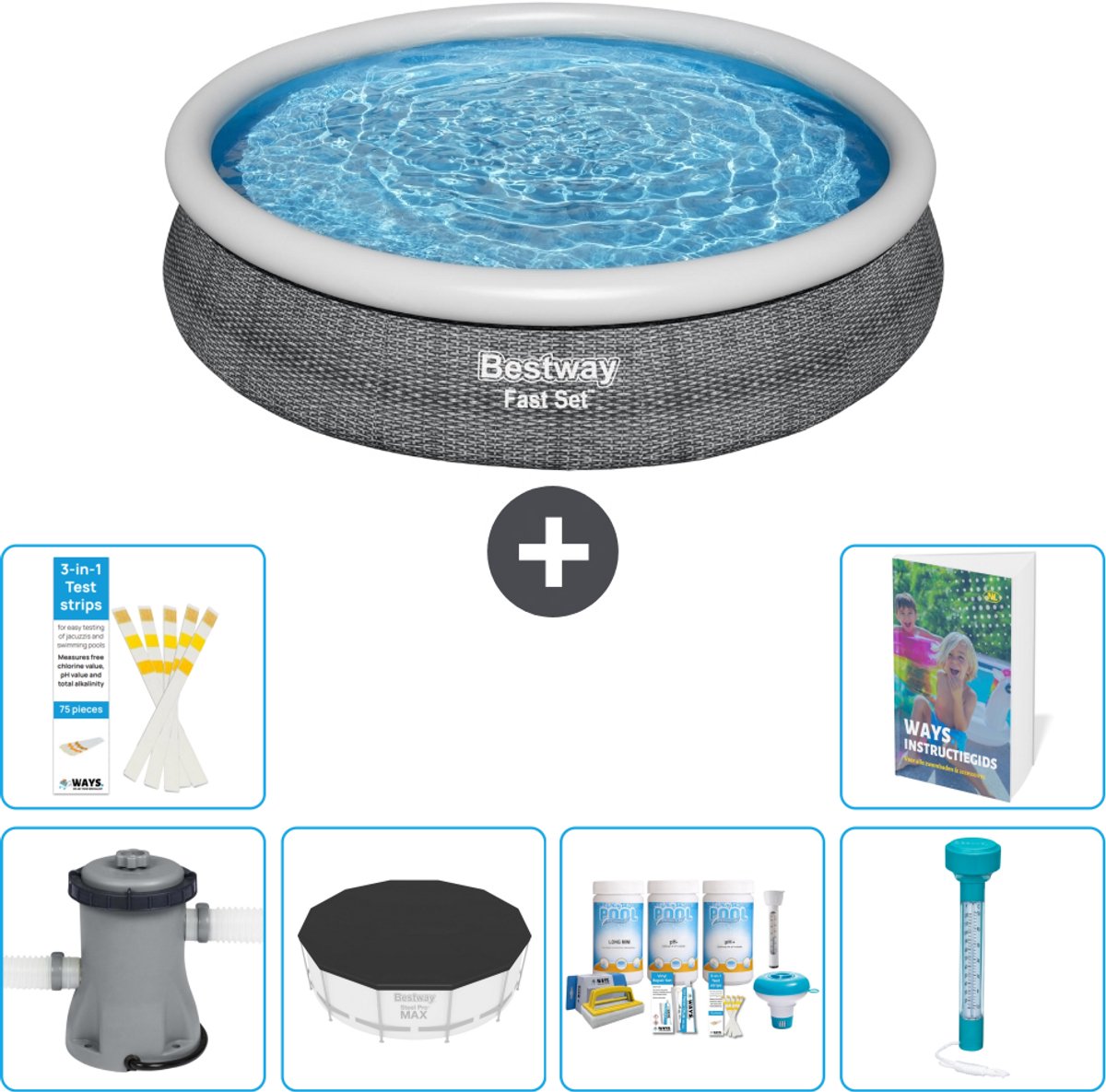 Bestway Rond Opblaasbaar Fast Set Zwembad - Rotanprint - 366 x 76 cm - Inclusief Pomp - Afdekzeil - Onderhoudspakket - Thermometer - 7-delig