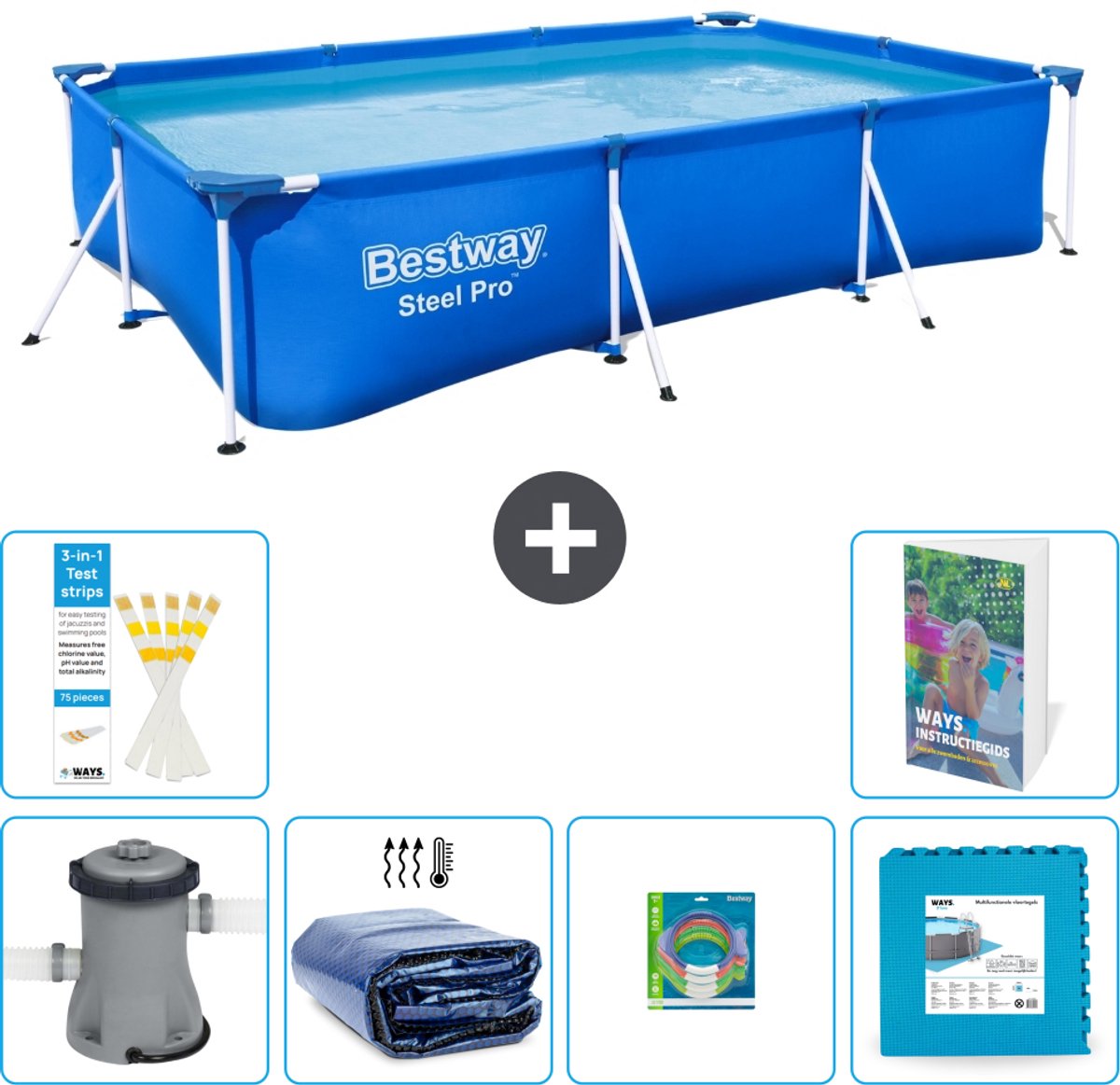 Bestway Rechthoekig Steel Pro Zwembad - 300 x 201 x 66 cm - Blauw - Inclusief Pomp - Solarzeil - Speelgoed - Vloertegels - 7-delig