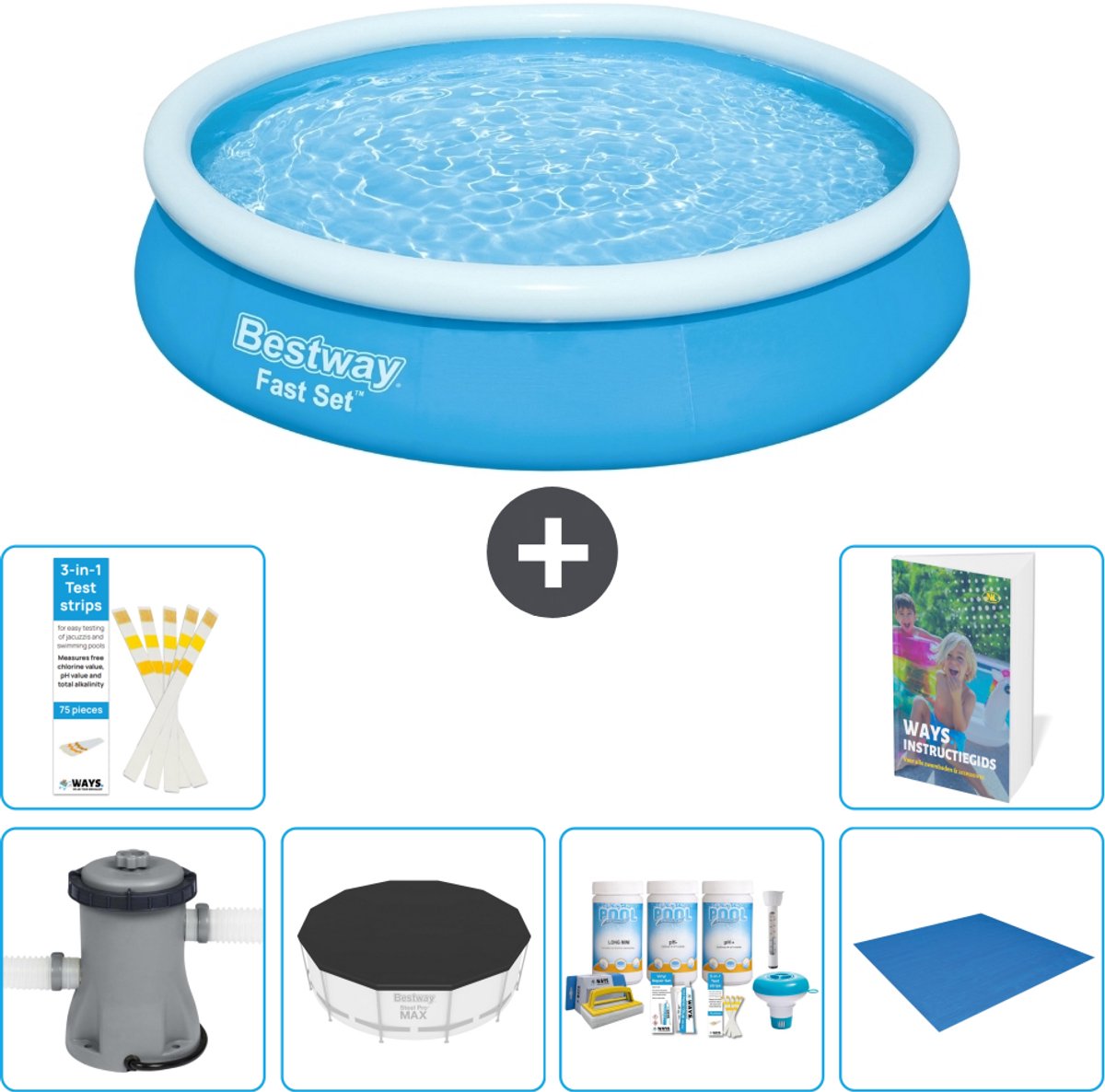 Bestway Rond Opblaasbaar Fast Set Zwembad - 366 x 76 cm - Blauw - Inclusief Pomp - Afdekzeil - Onderhoudspakket - Grondzeil - 7-delig