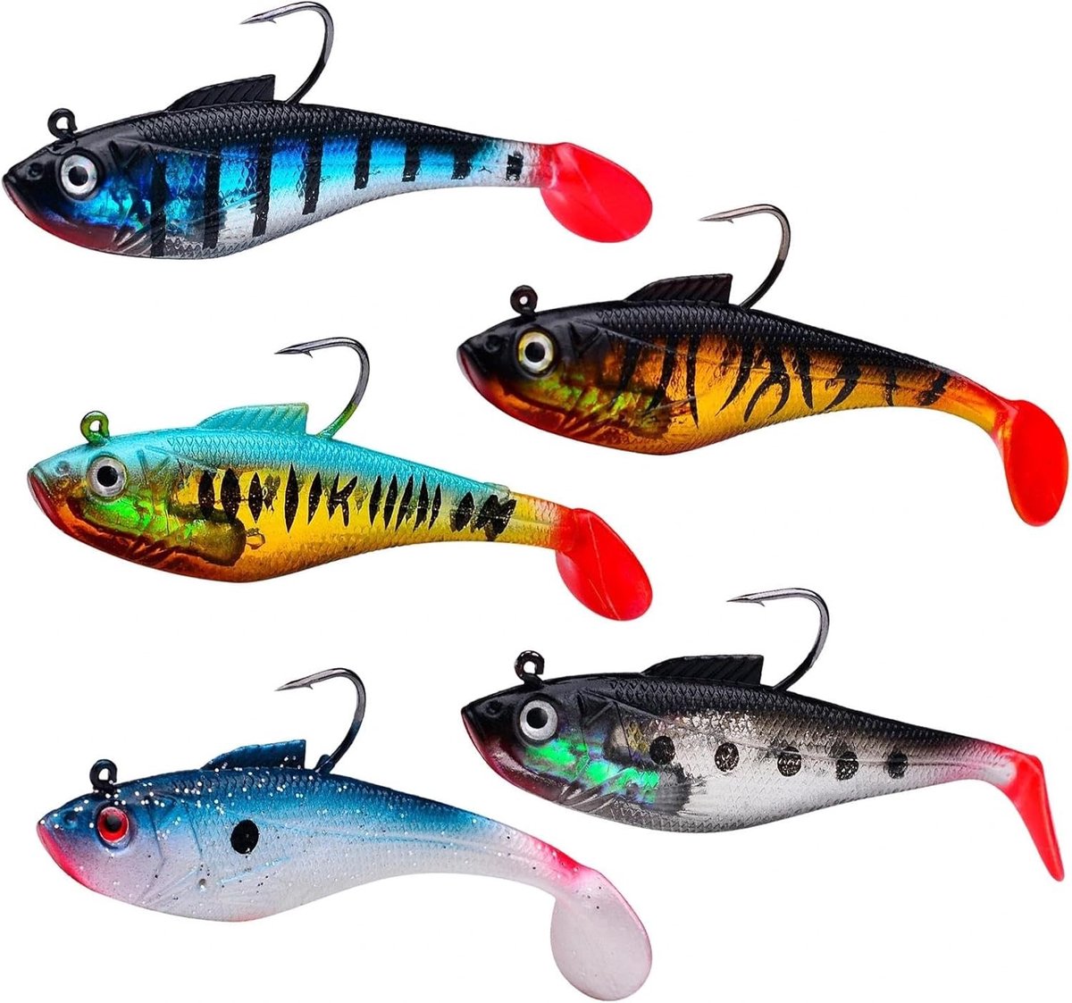 Set van 5 Gummi Vissen met Jigkoppen - Zachte Aas voor Roofvissen zoals Snoek, Baars en Forel (8cm) - Perfect voor Zoet- en Zoutwater Vissen