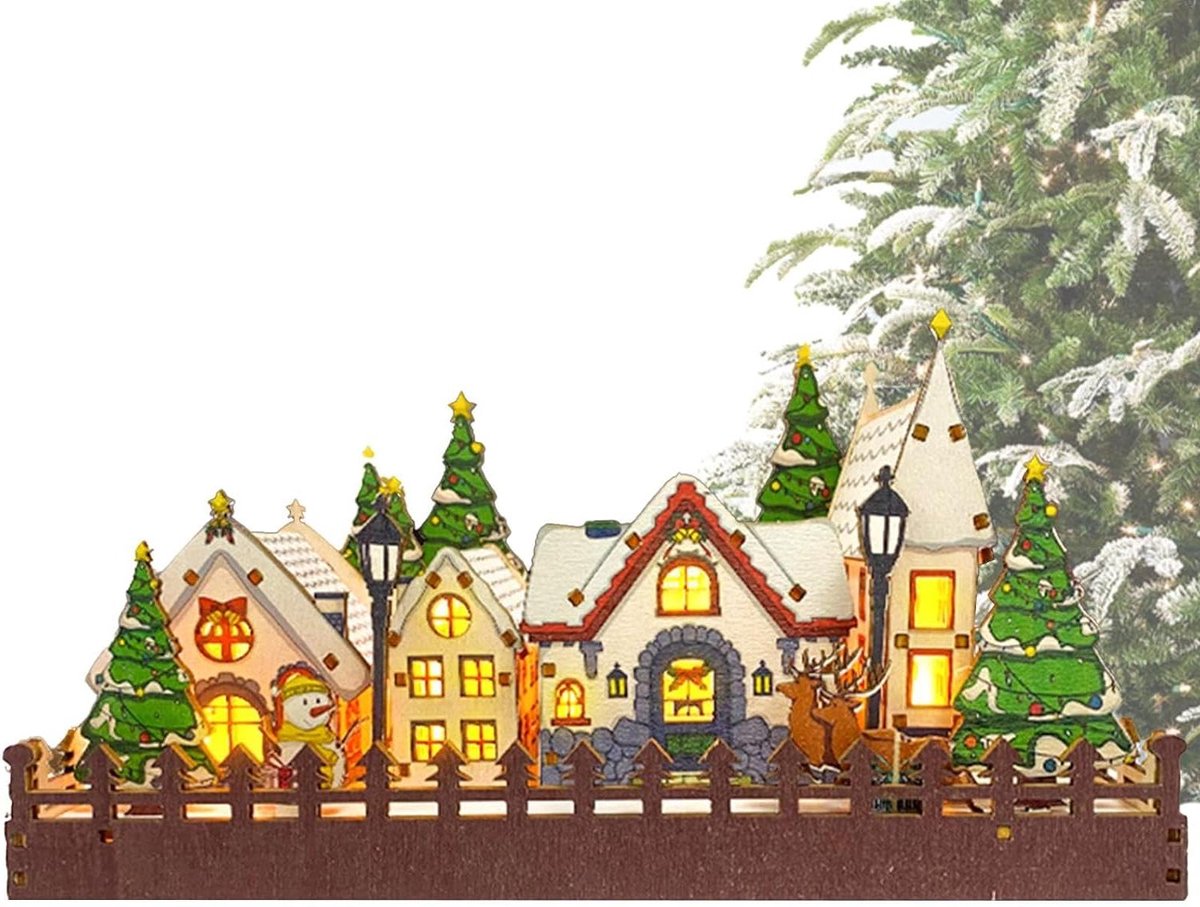 Kerstdorp Houten Set - Verlicht Dorp Kersthuisjes - Feestelijke Decoratie - Compleet Met Verlichting