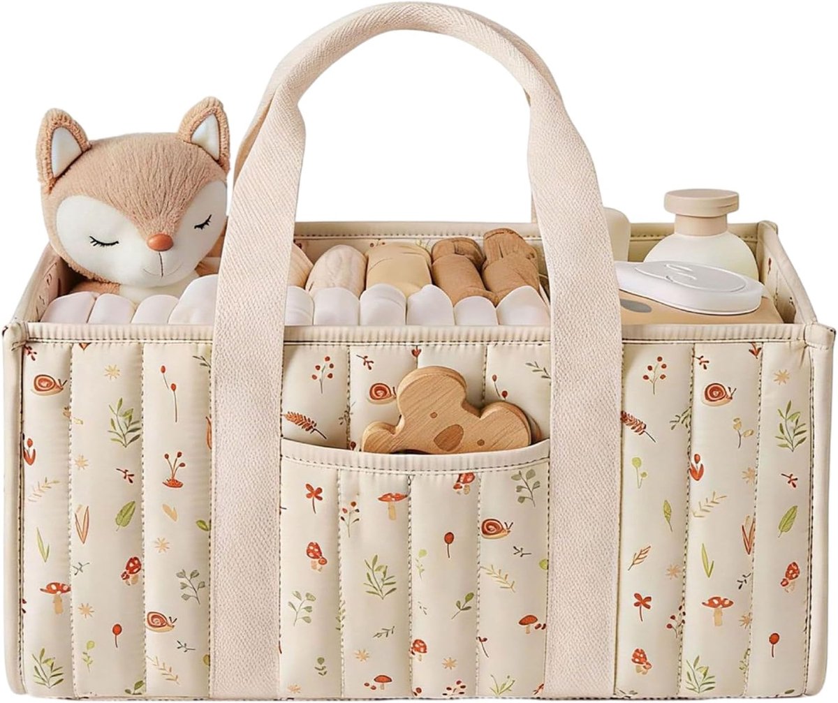 Bosdieren Paddenstoel Print Gewatteerde Baby Luier Opbergmand 38,1×25,4×17,8cm | Flexibel Indelbare Draagbare Luiertas met Voordelige Vakken