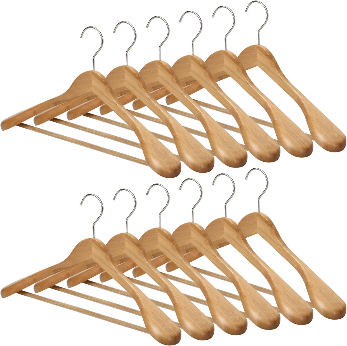 SnelShoppen - Houten Brede Kledinghangers, Natuurlijk Hout, Set van 12, Antislip Hangers, Stabiele Jas Hangers, Pak Hangers, Shirt Hangers, Extra Bred