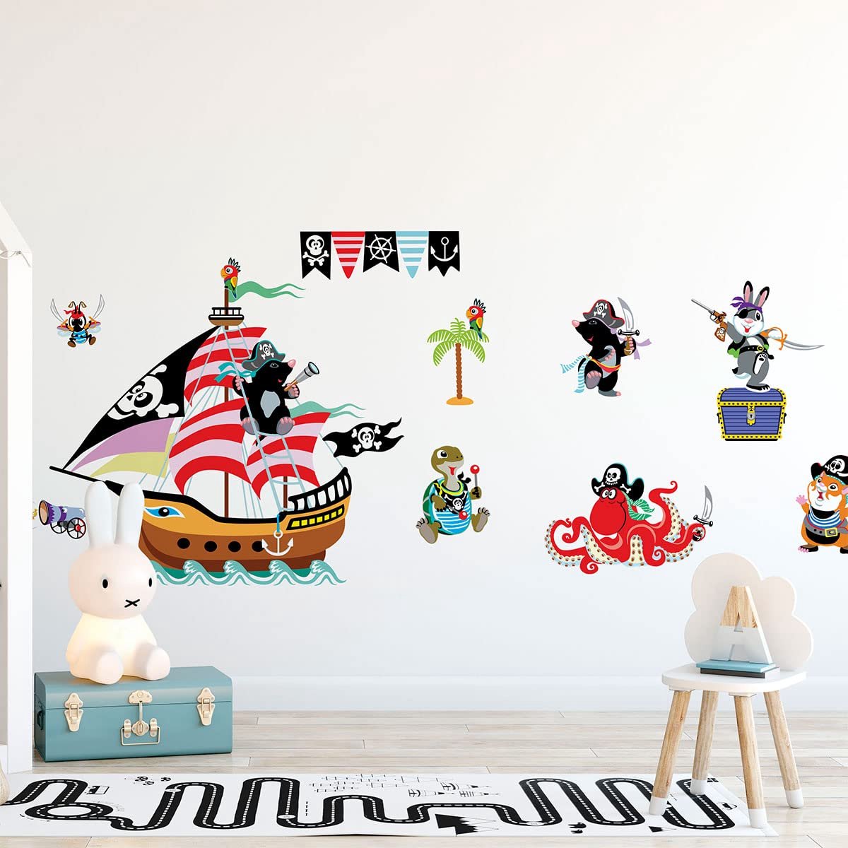 SnelShoppen - Muursticker Kinderen Decoratie Baby- en Kinderkamer Dieren Piraten 60x90 cm voor Speelkamer en Kinderfeest