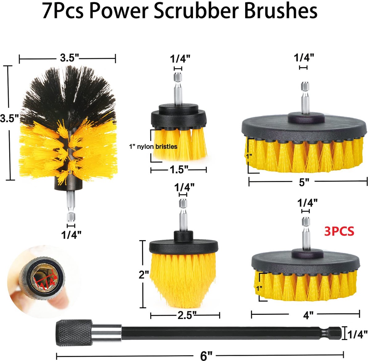 SnelShoppen - Boorborstelopzetset 7-pack 1/4 inch Power Scrubber borstels + verlengbare lange stang, borstelboorbevestiging voor badkamer, bad, tegels