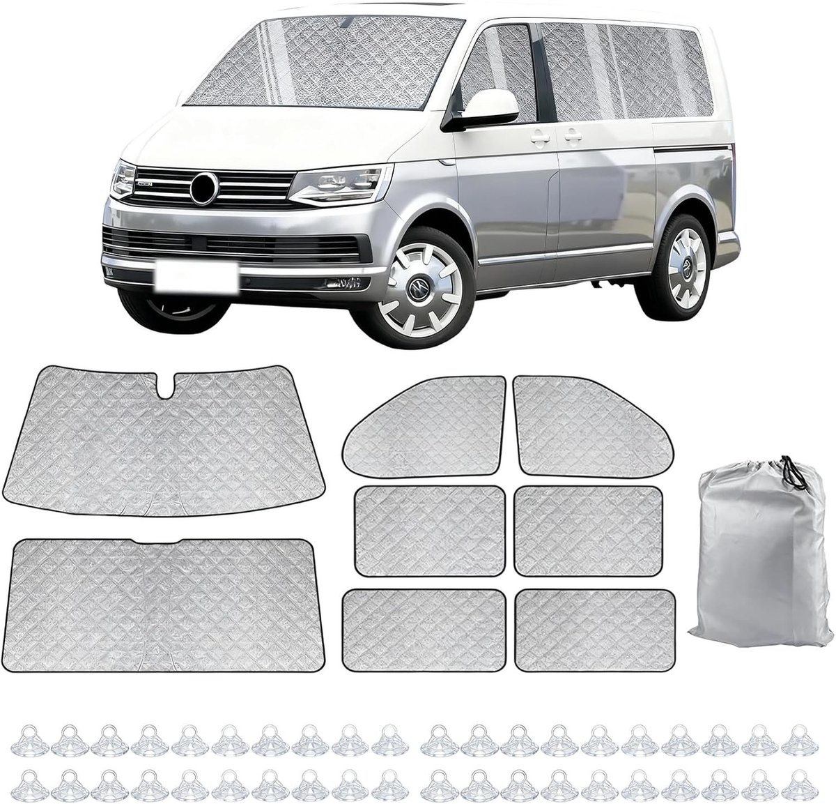 Set van 8 binnen thermomatten voor VW T5/T6 LWB, isolatie, UV-bescherming en waterdicht, meerlaagse zonwering voor de bestuurderscabine