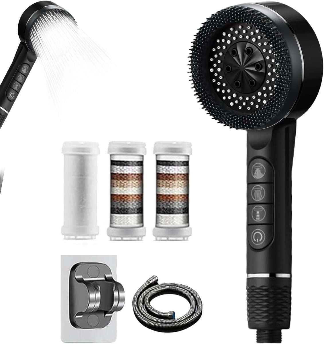 SnelShoppen - Handdouche met Slang en Filter, Douchekop met 4 Stralen, Comfortabele Handdouche, Douchekop met Stopfunctie, Inclusief 1.5 m Douche Slan