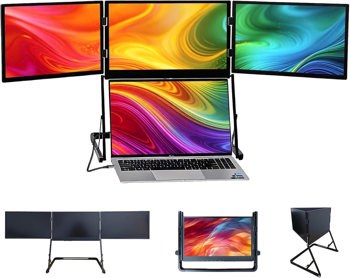 SnelShoppen - VSDISPLAY 15.6" Triple Laptop Scherm Extender, 1080P FHD IPS, Aluminium, USB-C H/D, Voor Windows/Mac, Ideaal voor Videobewerking, Data-a