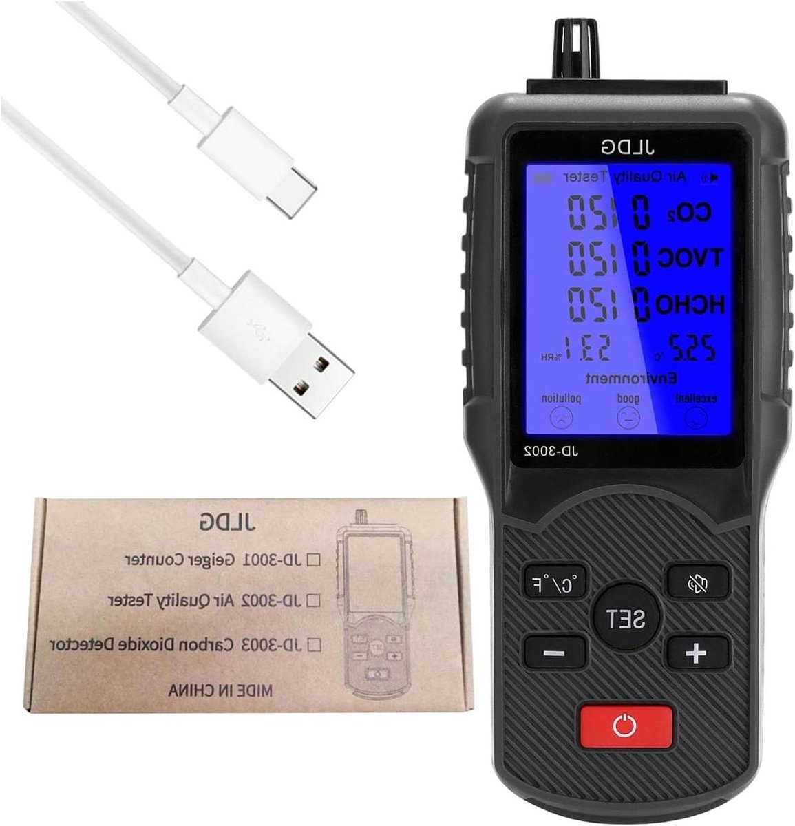 Luchtkwaliteit Monitor - CO2 Meter Detectoren - Binnenlucht Kwaliteit - Geavanceerde Sensortechnologie - 176x73x29mm - Wit