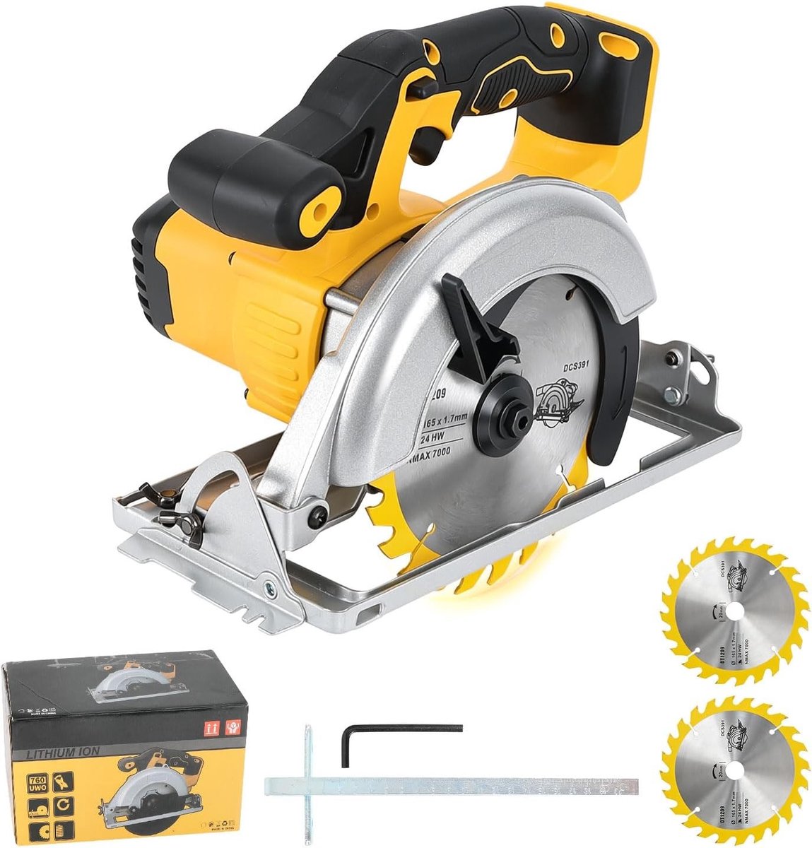 Accucirkelzaag 6,5 inch met 3800 RPM borstelloze motor en 2 zaagbladen voor hout en kunststof tegels, 0-45° snijhoek, ideaal voor klussen en verbouwingen