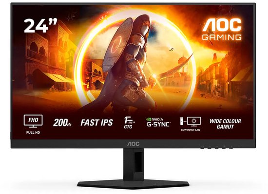 24-inch AOC gaming monitor met FHD, 200Hz, snelle IPS, 0.5ms GTG, G-Sync, lage input lag, brede kleurengamma, met een game-afbeelding.