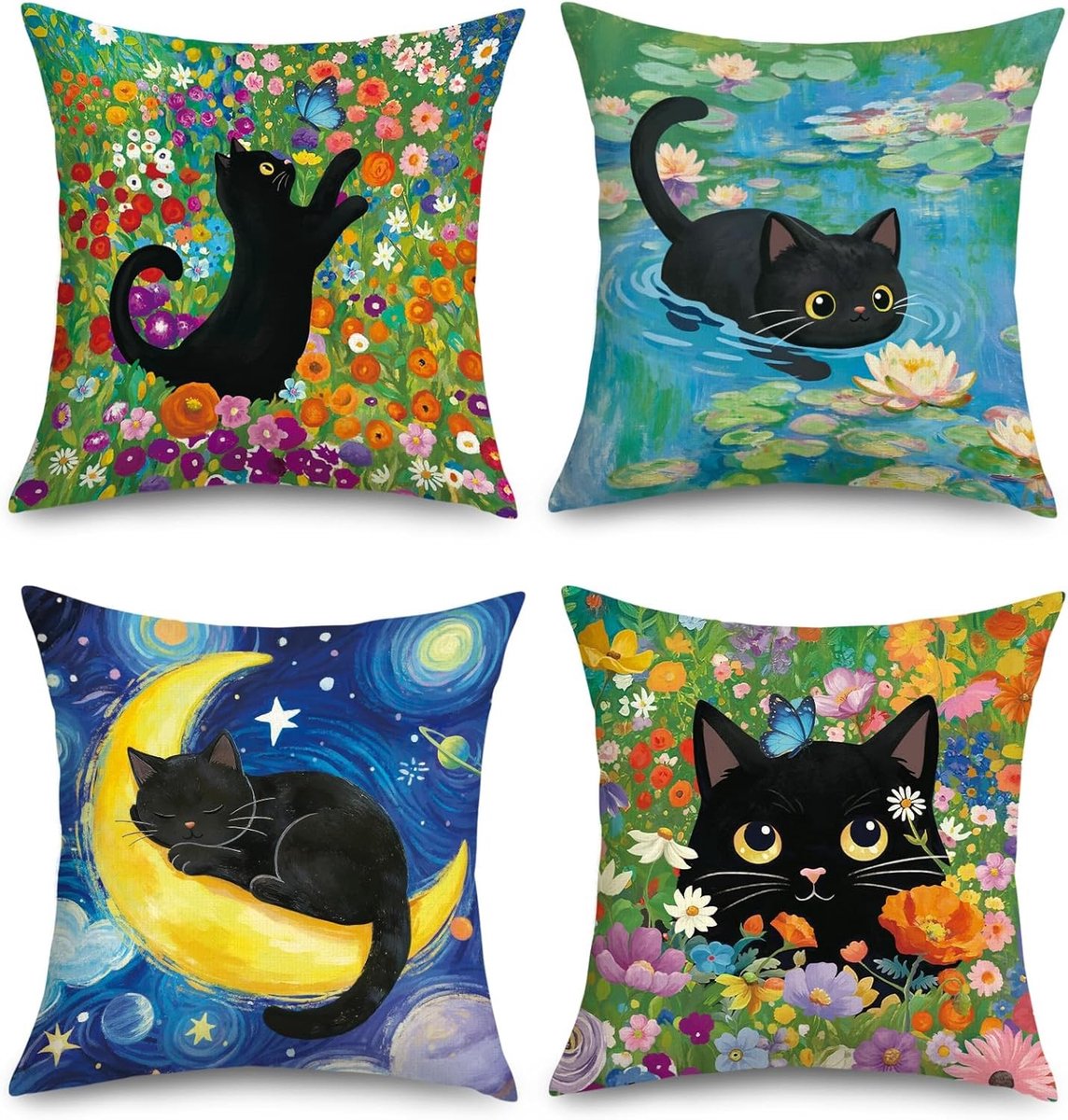 Set van 4 Kussenhoezen 45 x 45 cm met Zwart Kat en Kleurige Bloemen voor Sofa en Slaapkamer Decoratie, Ideaal als Cadeau voor Dierliefhebbers