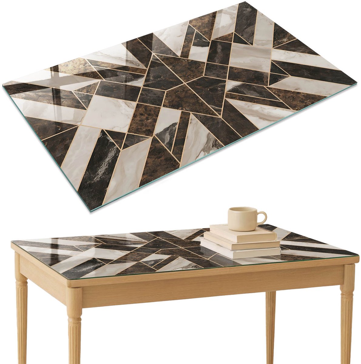 ArtPrintCave Stijlvol mozaïek Glazen Tafelblad 120x80 cm - Tafelblad Rechthoek - Bruin Keukentafel - Geometrie Keukentafel