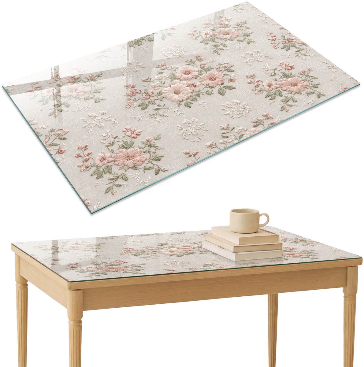 ArtPrintCave Bloemenpatroon Glazen Tafelblad 120x80 cm - Tafelblad Rechthoek - Beige Bureaublad - Bloemen en planten Glazen Eettafel