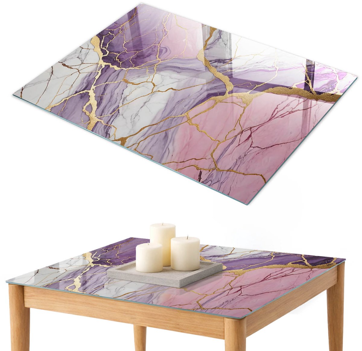 ArtPrintCave Paarse marmer Glazen Tafelblad 100x70 cm - Tafelblad Rechthoek - Paars Keukentafel - Abstractie Terrastafel